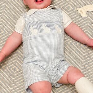 EUC Southern Sunshine Light Blue Seersucker Smocked Bunny Shortall